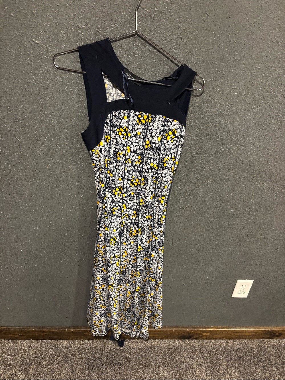 Perceptions Navy Yoke Midi Dress with Yellow Floral Print